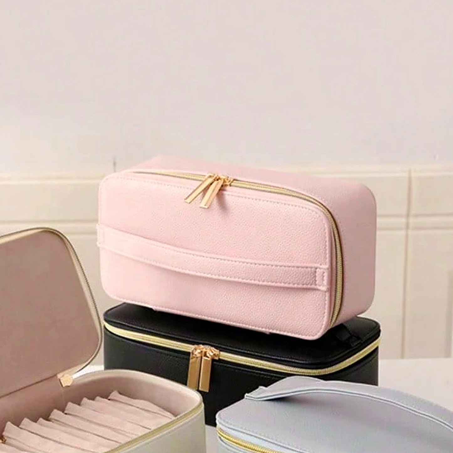 Baby Pink Travel Jewellery Case – Pearlescent Organiser with 12 Faux Velvet Zip Pouches