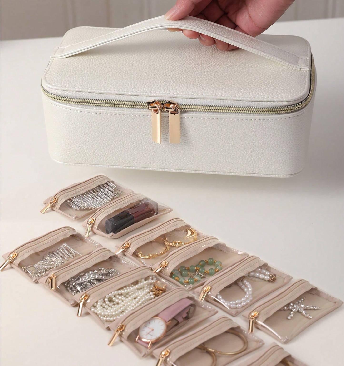 Oyster White Travel Jewellery Case – Pearlescent Organiser with 12 Faux Velvet Zip Pouches