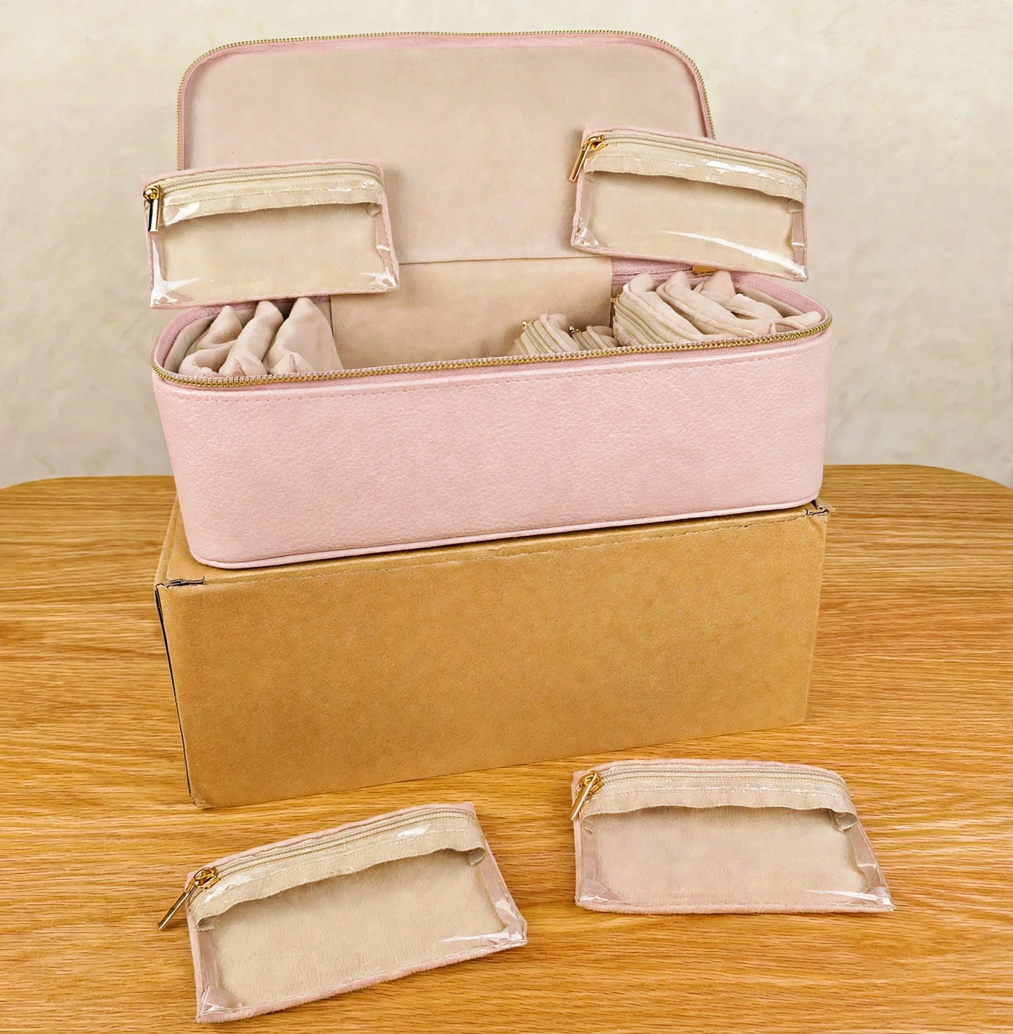 Baby Pink Travel Jewellery Case – Pearlescent Organiser with 12 Faux Velvet Zip Pouches