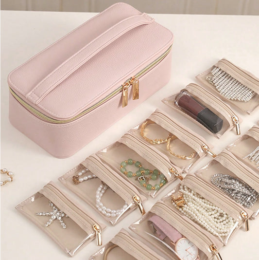 Baby Pink Travel Jewellery Case – Pearlescent Organiser with 12 Faux Velvet Zip Pouches