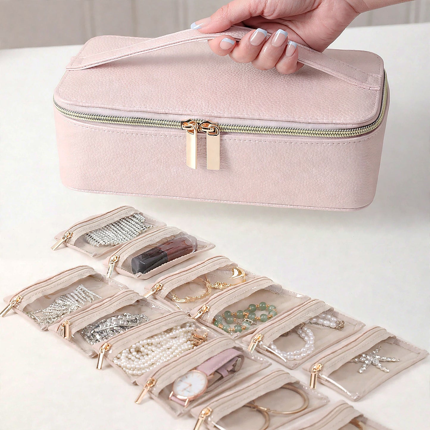 Baby Pink Travel Jewellery Case – Pearlescent Organiser with 12 Faux Velvet Zip Pouches