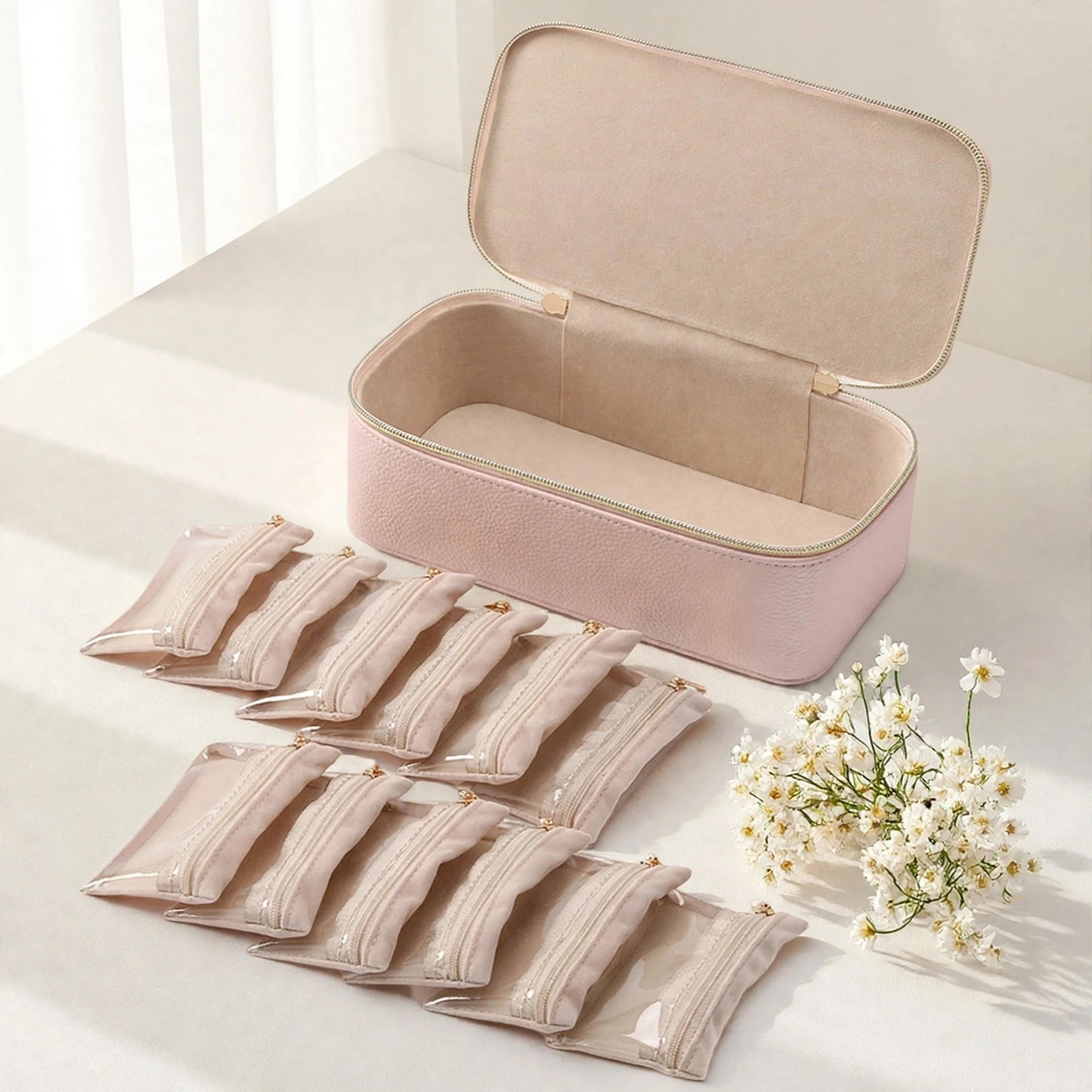 Baby Pink Travel Jewellery Case – Pearlescent Organiser with 12 Faux Velvet Zip Pouches