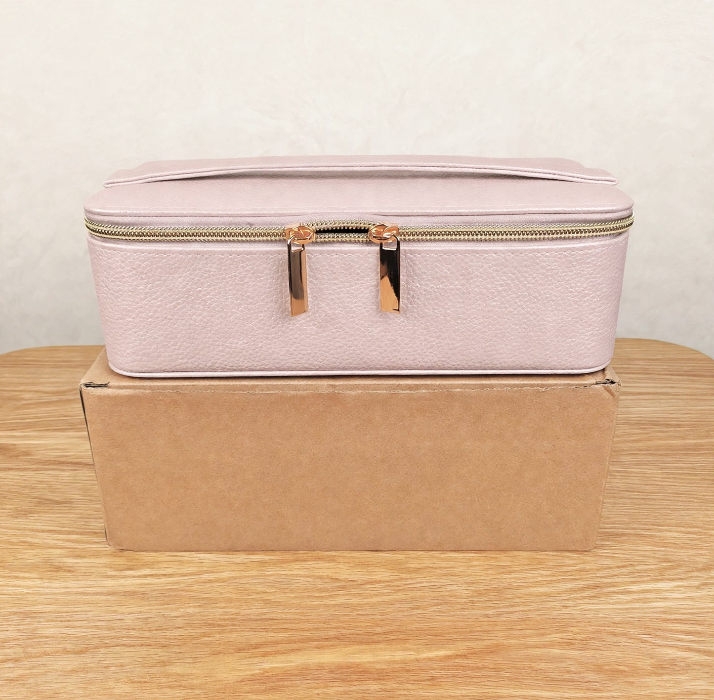 Baby Pink Travel Jewellery Case – Pearlescent Organiser with 12 Faux Velvet Zip Pouches